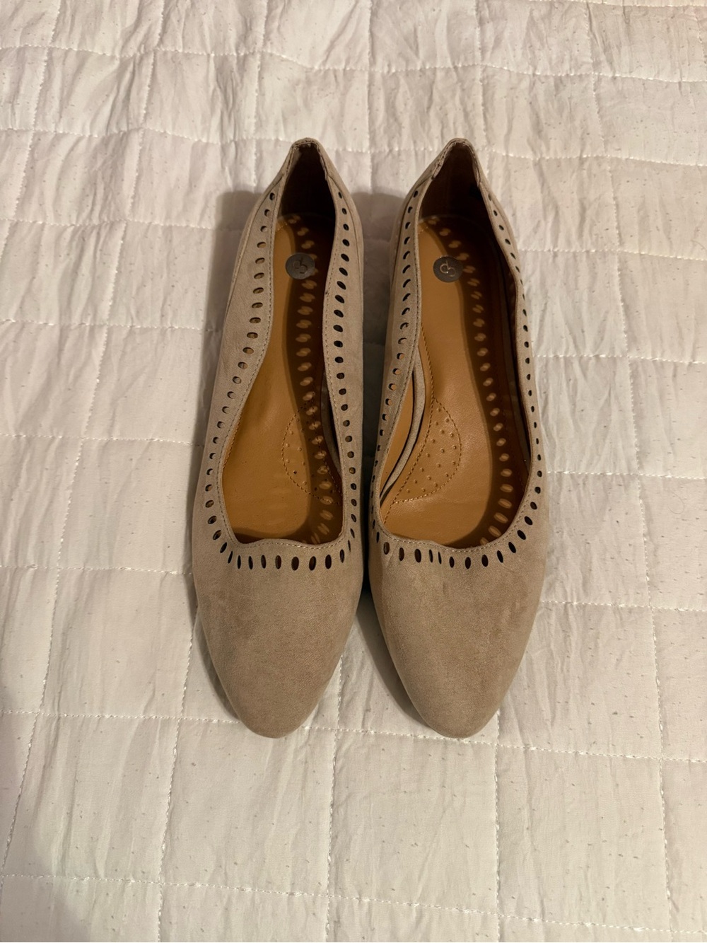 Dress Barn Beige Taupe Suede Pointed-Toe Flats with Cutout Trim